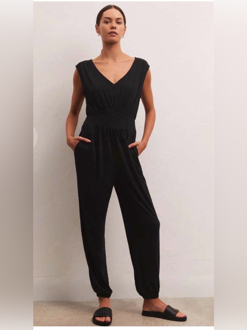 Z SUPPLY Indy Pucker Knit Jumpsuit Medium Black Jogger Smocked Pockets